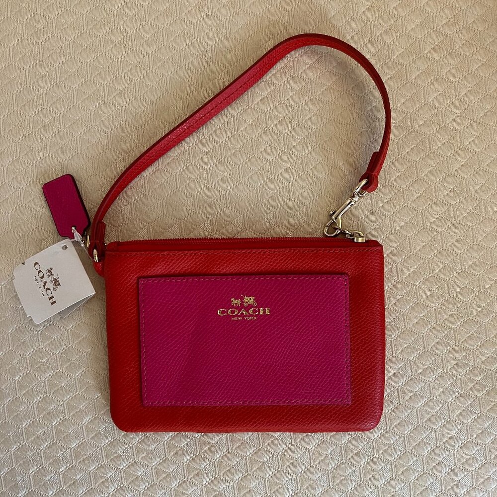 Coach Colorblock Mini Skinny Wristlet Red Pink Gold Hardware NWT